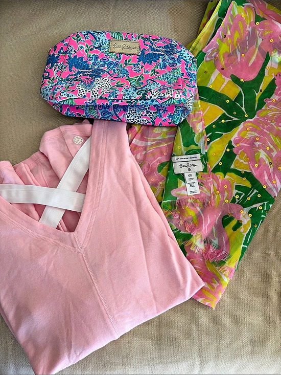 Lilly Pulitzer Tops - 🩷Lilly Pulitzer💚 BUNDLE Lilly Pink Top, Lilly cosmetic bag & Lilly scarf wrap